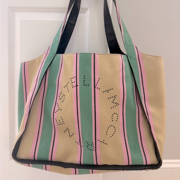 Stella McCartney Large Logo Striped Tote Bag Womens TanGreen Pink Black interior - Picture 11 of 15